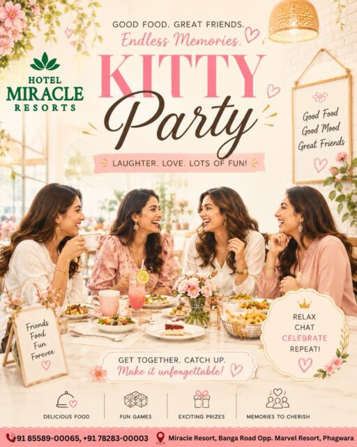 Looking to host the perfect kitty party? 🎉 Join us for a fun-filled gathering with friends where laughter, games, and delicious snacks are guaranteed! Book your spot today and let the good times roll! 🐾💖 

Visit us :- 📍Hotel Miracle Resorts, Opp. Marvel Resort, Banga Road,
(Phagwara)

Contact For Reservations :- 85589-00065, 78283-00003

#KittyPartyFun #GatherWithFriends #PartyPlanning #MemorableMoments #FelineFriends