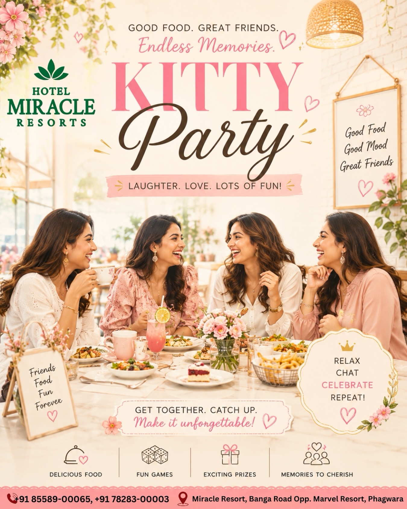 Looking to host the perfect kitty party? 🎉 Join us for a fun-filled gathering with friends where laughter, games, and delicious snacks are guaranteed! Book your spot today and let the good times roll! 🐾💖 

Visit us :- 📍Hotel Miracle Resorts, Opp. Marvel Resort, Banga Road,
(Phagwara)

Contact For Reservations :- 85589-00065, 78283-00003

#KittyPartyFun #GatherWithFriends #PartyPlanning #MemorableMoments #FelineFriends