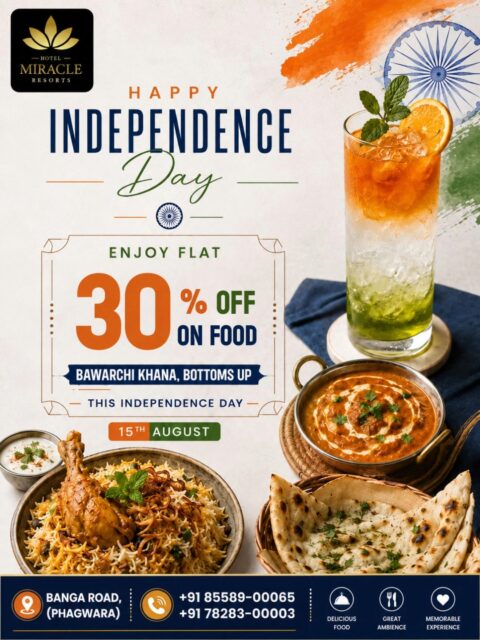Celebrate the spirit of freedom with delicious flavors! 🇮🇳✨

Enjoy **30% OFF on Food** this Independence Day at The Miracle Resort. Gather your loved ones, savor mouth-watering dishes, and make this 15th August truly memorable. 🍽️❤️ Visit us at Banga Road, Phagwara, and celebrate with great food and great moments!

Contact :
📍 Banga Road, Phagwara
📞 +91 85589-00065

#IndependenceDay #FoodOffer #TheMiracleResort #30PercentOff #Phagwara