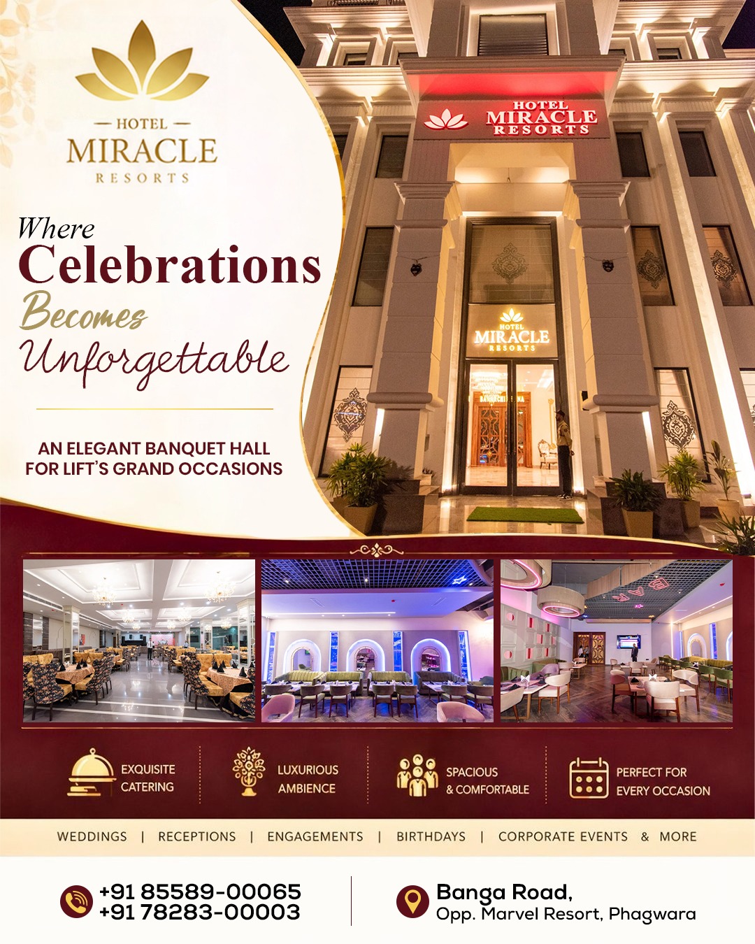 ✨ Where Celebrations Become Unforgettable! ✨

Make your special moments truly grand at Hotel Miracle Resorts! 🏨❤️ From elegant weddings and dreamy receptions to engagements, birthdays, and corporate events. Celebrate every milestone in a luxurious and spacious ambience. 🥂

🍽️ Exquisite Catering
✨ Luxurious Ambience
🪑 Spacious & Comfortable
🎉 Perfect for Every Occasion

📞 85589-00065 | 78283-00003
📍 Banga Road, Opp. Marvel Resort, Phagwara

Your celebration deserves a venue as special as the occasion! ❤️

#HotelMiracleResorts #Phagwara #BanquetHall #WeddingVenue #WeddingCelebration #Reception #Engagement #BirthdayCelebration #CorporateEvents #LuxuryVenue #EventVenue #PunjabWeddings #CelebrateInStyle #UnforgettableCelebrations #PhagwaraEvents