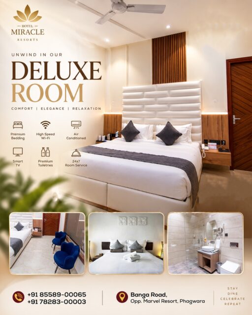 ✨ Unwind in Comfort. Stay in Luxury. ✨

Make your stay truly memorable at Hotel Miracle Resorts, Phagwara.  Our Deluxe Rooms are designed for the perfect blend of comfort, elegance, and relaxation—with premium bedding, high-speed Wi-Fi, air conditioning, Smart TV, premium toiletries, and 24×7 room service.

🛏️ Relax in style.
✨ Enjoy premium comfort.
❤️ Create moments worth remembering.

📍 Banga Road, Opp. Marvel Resort, Phagwara
📞 +91 85589-00065 | +91 78283-00003

Stay • Dine • Celebrate • Repeat 🌟

#HotelMiracleResorts #PhagwaraHotels #DeluxeRoom #LuxuryStay #PunjabHotels #HotelStay #TravelPunjab #ComfortAndLuxury #Phagwara #StayInStyle