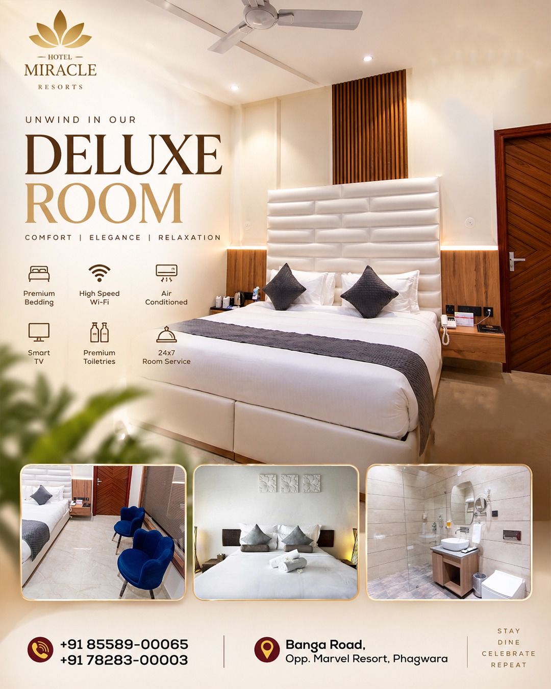 ✨ Unwind in Comfort. Stay in Luxury. ✨

Make your stay truly memorable at Hotel Miracle Resorts, Phagwara.  Our Deluxe Rooms are designed for the perfect blend of comfort, elegance, and relaxation—with premium bedding, high-speed Wi-Fi, air conditioning, Smart TV, premium toiletries, and 24×7 room service.

🛏️ Relax in style.
✨ Enjoy premium comfort.
❤️ Create moments worth remembering.

📍 Banga Road, Opp. Marvel Resort, Phagwara
📞 +91 85589-00065 | +91 78283-00003

Stay • Dine • Celebrate • Repeat 🌟

#HotelMiracleResorts #PhagwaraHotels #DeluxeRoom #LuxuryStay #PunjabHotels #HotelStay #TravelPunjab #ComfortAndLuxury #Phagwara #StayInStyle