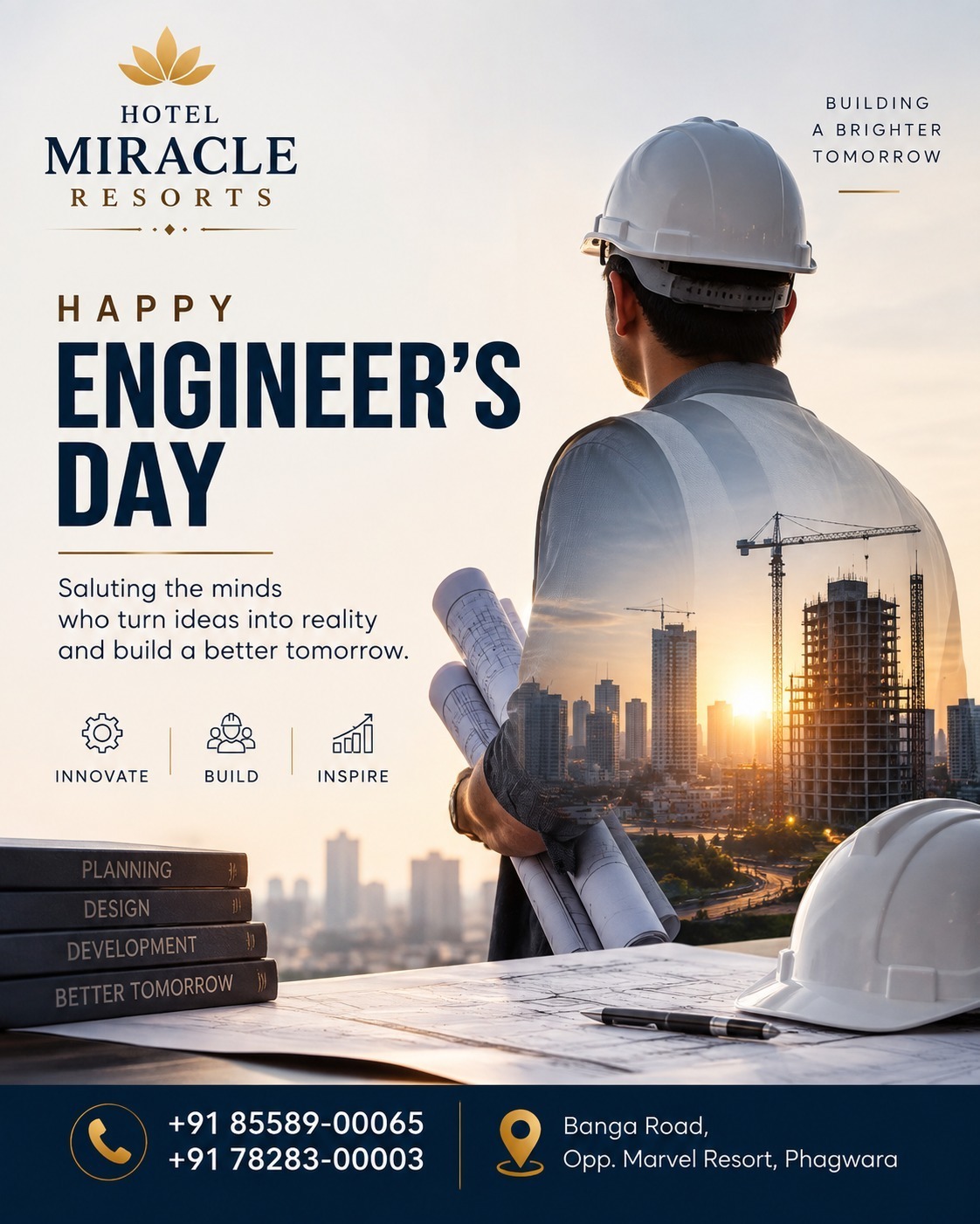 🏗️ Building the future, one idea at a time! 👷‍♂️

This Engineer’s Day, Hotel Miracle Resorts salutes the brilliant minds who turn ideas into reality, solve challenges with innovation, and build a better tomorrow. 

💡 INNOVATE | BUILD | INSPIRE
Here’s to the engineers who shape our world with vision, precision, and passion!

📍 Hotel Miracle Resorts
Banga Road, Opp. Marvel Resort, Phagwara
📞 +91 85589-00065 | +91 78283-00003

Wishing all the amazing engineers a Happy Engineer’s Day! 🎉

#EngineersDay #HappyEngineersDay #HotelMiracleResorts #Innovation #BuildTheFuture #EngineeringExcellence #Phagwara #Punjab #BuildingABetterTomorrow