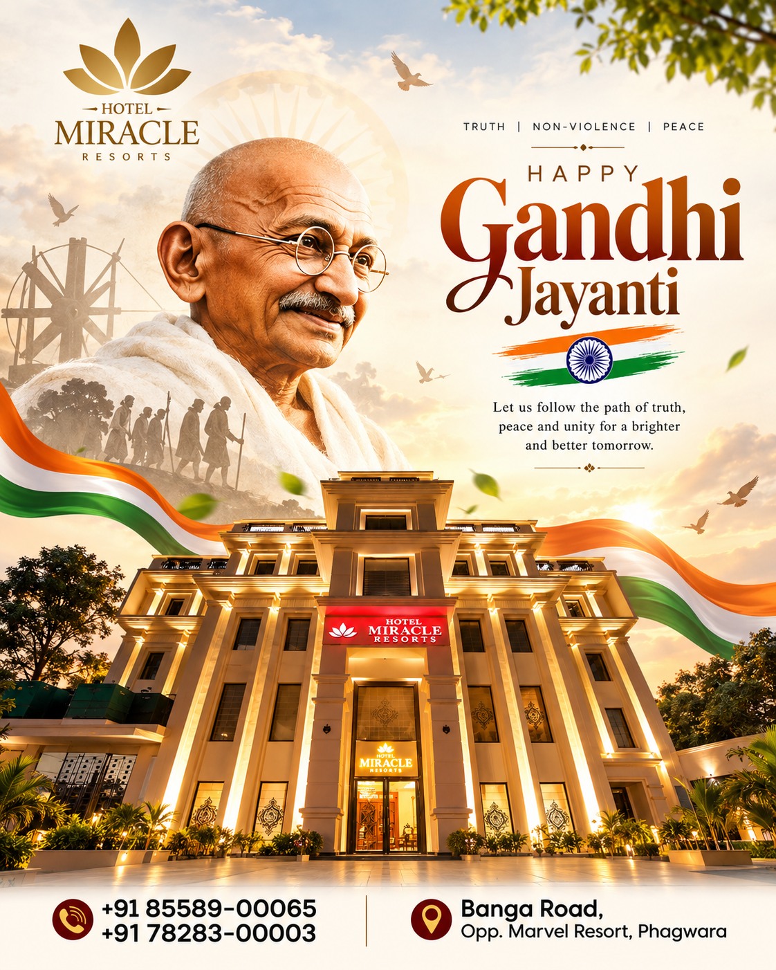 “On this Gandhi Jayanti, let us remember the timeless values of Mahatma Gandhi — truth, non-violence, peace, simplicity, and compassion. May his teachings inspire us to become better individuals and work together to build a society filled with harmony, equality, and kindness. Happy Gandhi Jayanti!”