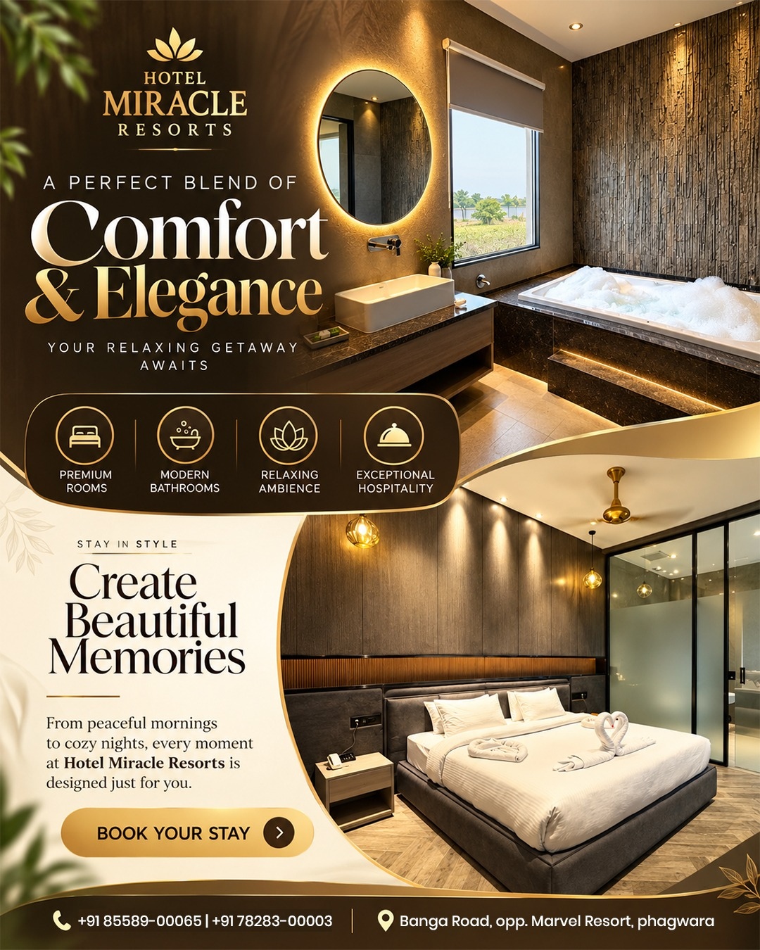 ✨ Comfort, Elegance & Beautiful Memories — All Under One Roof! ✨

Welcome to Hotel Miracle Resorts, where every stay is designed to give you comfort, relaxation and a truly memorable experience. 🏨✨

🛏️ Premium Rooms
🛁 Modern Bathrooms
🌿 Relaxing Ambience
🤝 Exceptional Hospitality

From peaceful mornings to cozy nights, make every moment special with a stay that feels just right. ❤️

📍 Banga Road, Opp. Marvel Resort, Phagwara
📞 +91 85589-00065 | +91 78283-00003

🌟 Book your stay & create beautiful memories!

#HotelMiracleResorts #PhagwaraHotels #LuxuryStay #HotelInPhagwara #ComfortAndElegance #StayInStyle #BeautifulMemories #PunjabHotels #HotelStay #Hospitality